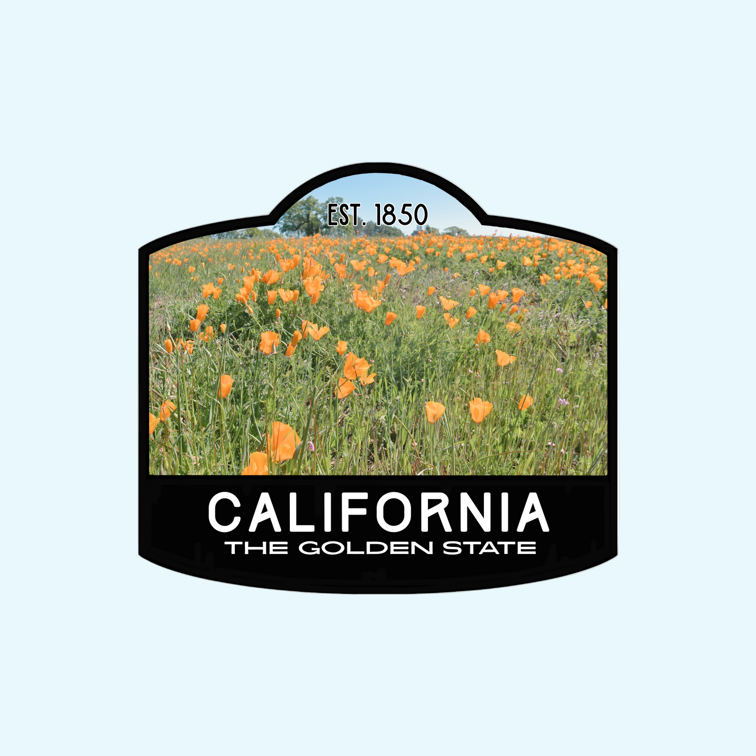 Decorative sign sticker with California poppies and text 'California The Golden State' on a black background