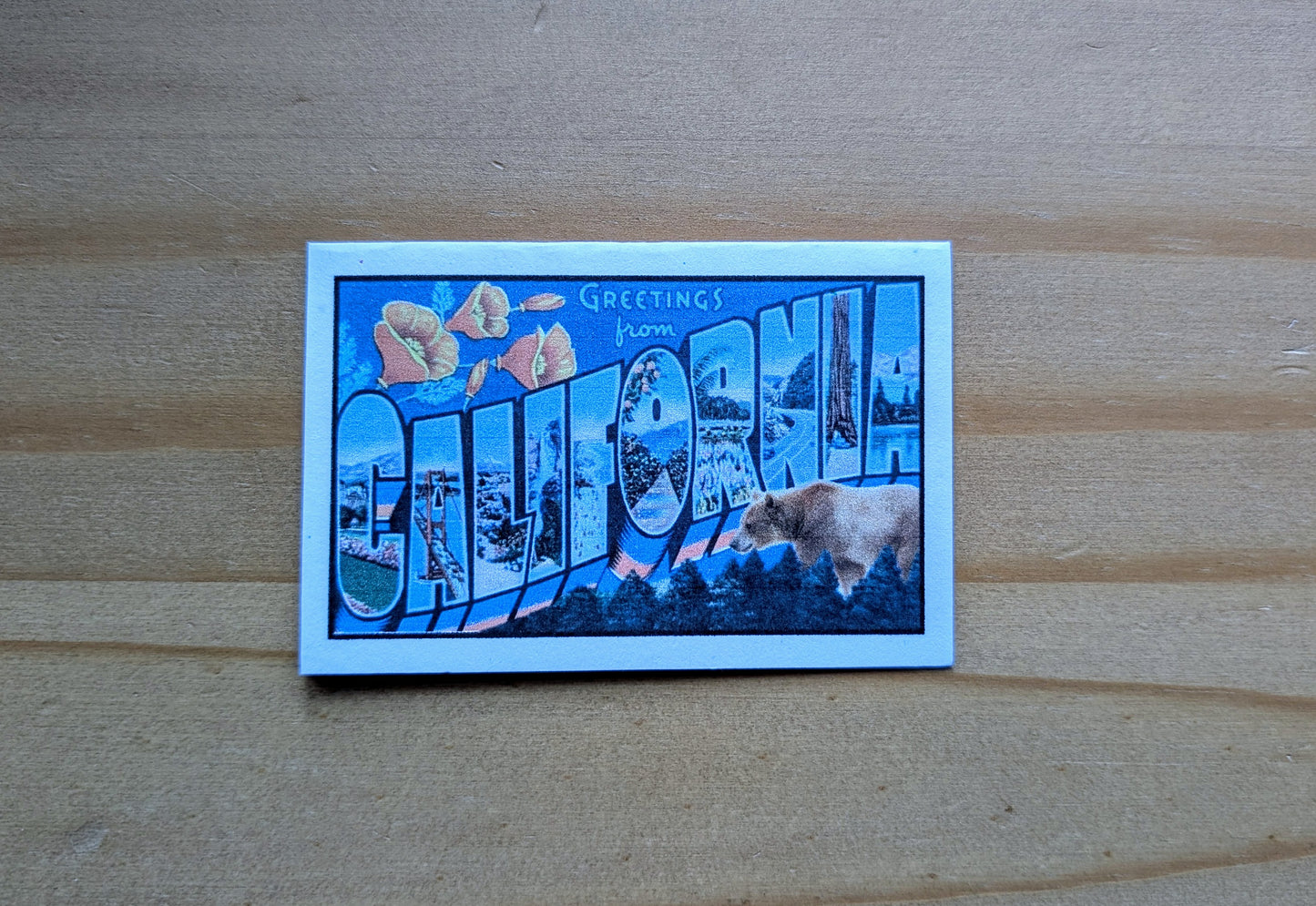 Mini California card with vintage postcard design on confetti white paper