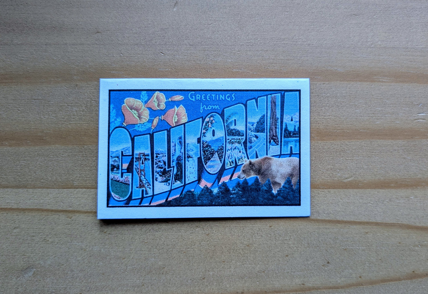 Mini California card with vintage postcard design on confetti white paper