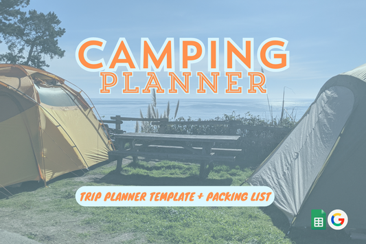 Camping Planner Template graphic, reads: Trip Planner Template + Packing List with background photo of oceanside campsite with two tents and a picnic table