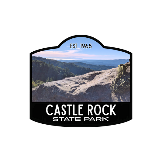 black bordered sticker represents Castle Rock State Park with paper background