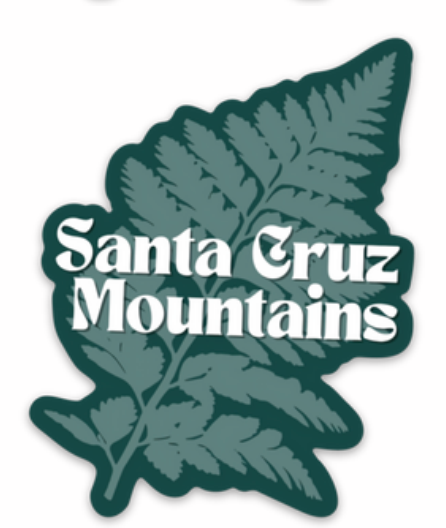 Green Fern shaped sticker with white Santa Cruz Mountains text