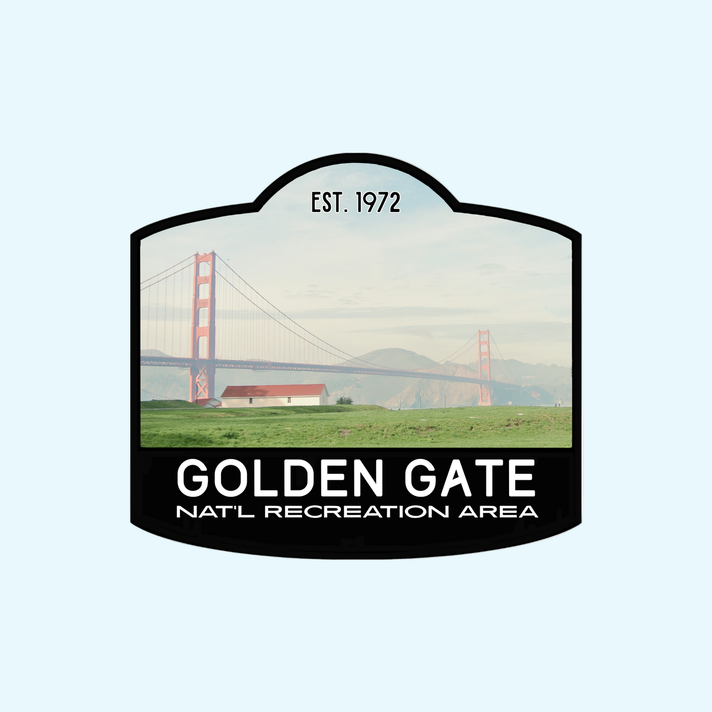 Sticker of Golden Gate National Recreation Area with the Golden Gate Bridge in the background.