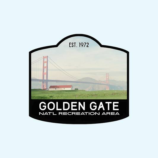 Sticker of Golden Gate National Recreation Area with the Golden Gate Bridge in the background.