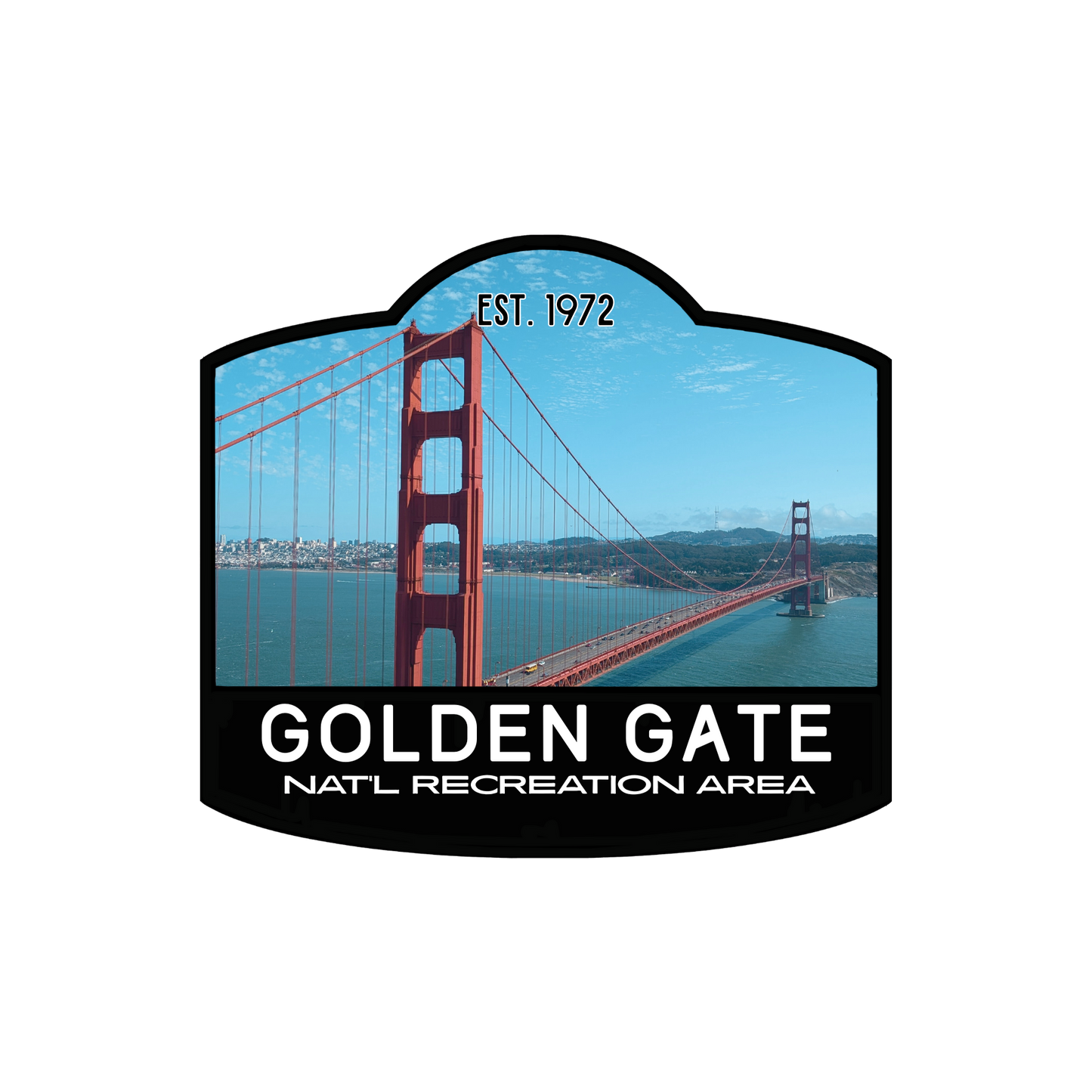 Sticker of Golden Gate National Recreation Area with the Golden Gate Bridge in the background.