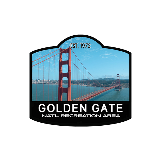 Sticker of Golden Gate National Recreation Area with the Golden Gate Bridge in the background.