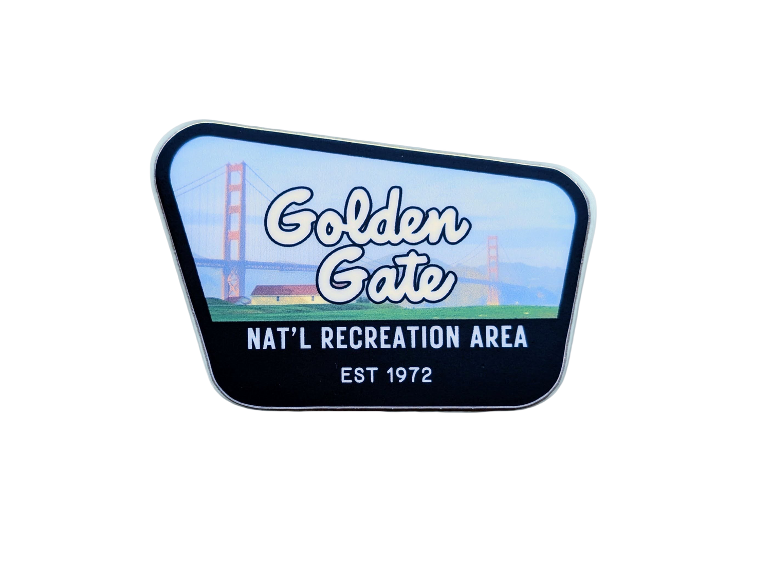 black-bordered sticker that reads Golden Gate National Recreation Area, Est 1972 with a photo of the Golden Gate Bridge in the background