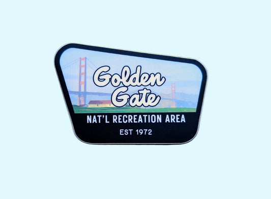 black-bordered sticker that reads Golden Gate National Recreation Area, Est 1972 with a photo of the Golden Gate Bridge in the background
