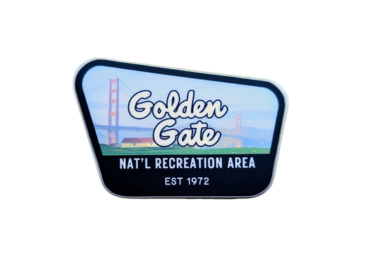 black-bordered sticker that reads Golden Gate National Recreation Area, Est 1972 with a photo of the Golden Gate Bridge in the background