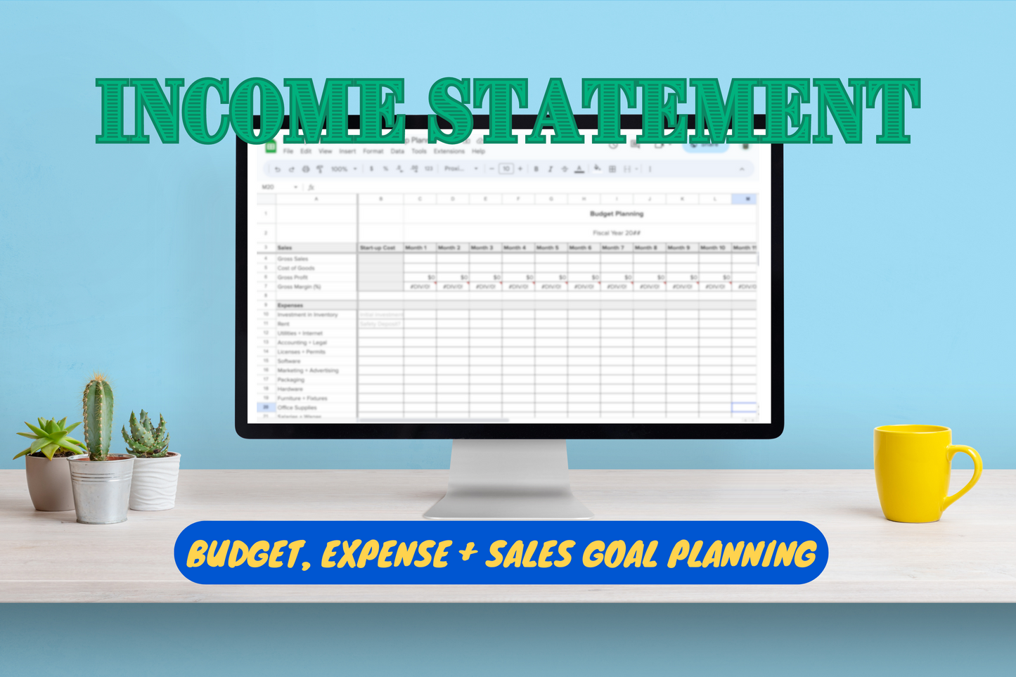 Income Statement example on a faux computer iMac desk setup, reading Budget, expense and sales goal planning"