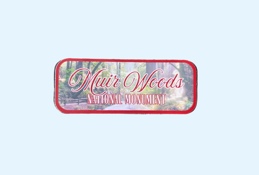 deep red bordered sticker represents Muir Woods National Monument