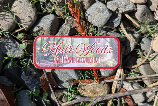 deep red bordered sticker represents Muir Woods National Monument