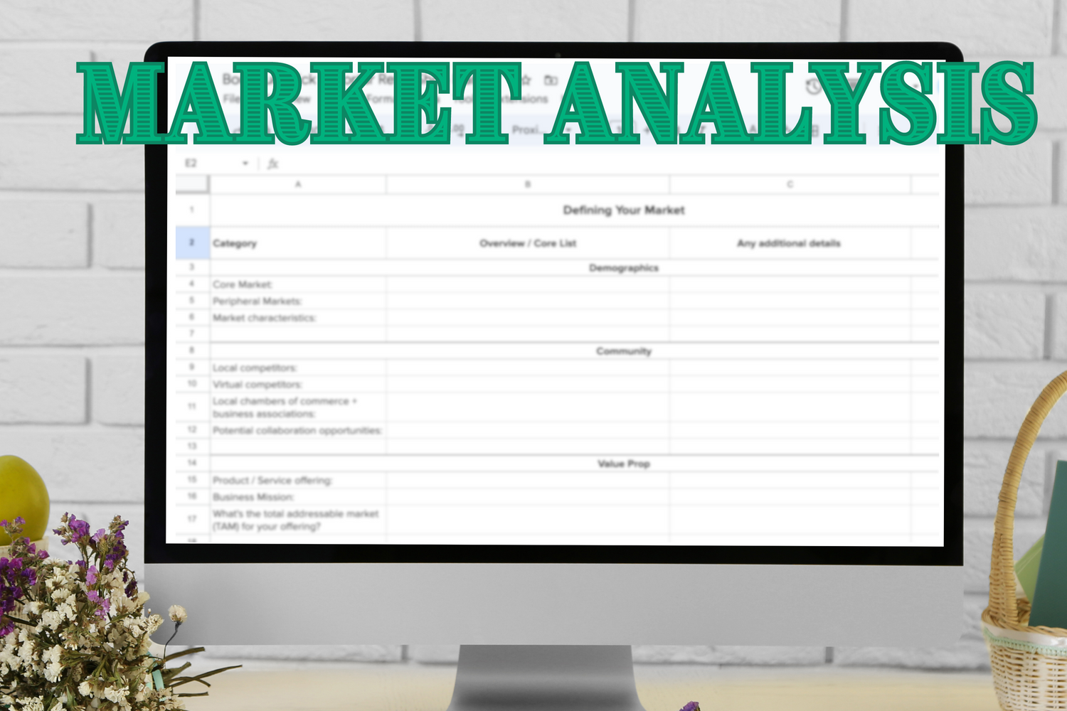 Market Analysis example on a faux computer iMac desk setup