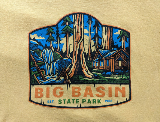 Close-up of Big Basin graphic on yellow tee