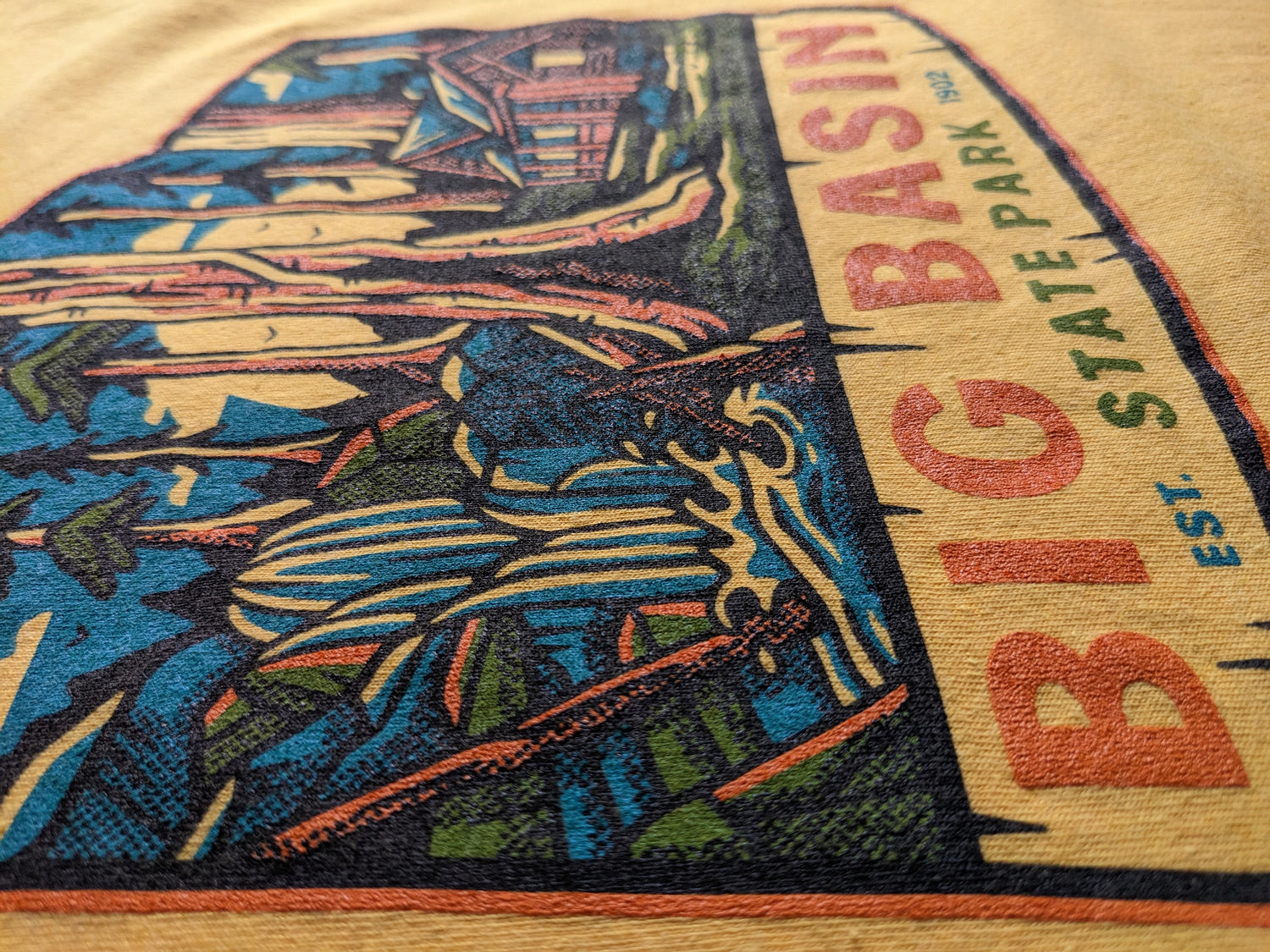 Close-up of Big Basin graphic on yellow tee