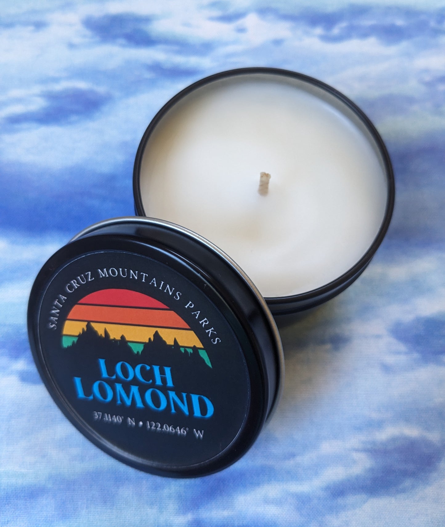 Loch Lomond travel tin candle with top open