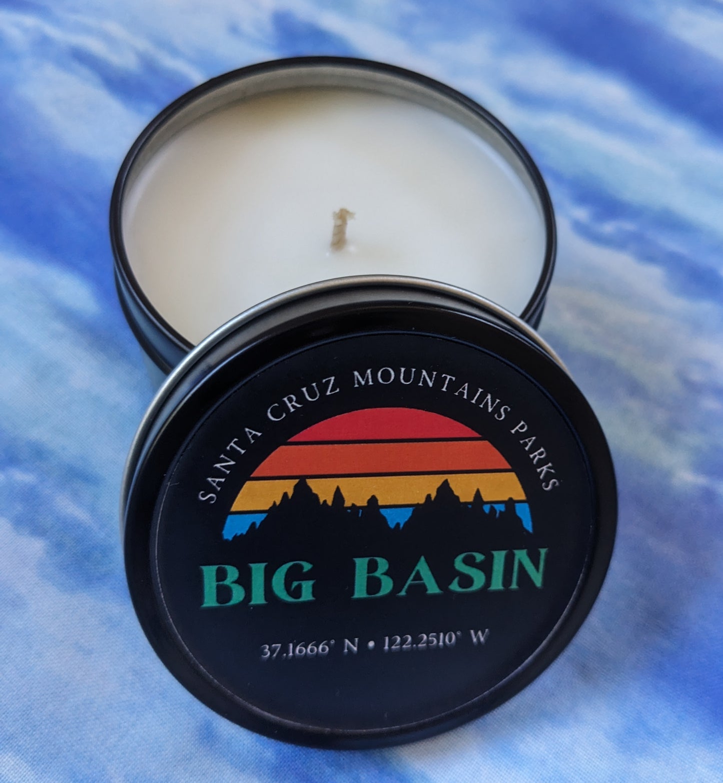Big Basin travel tin candle with top open