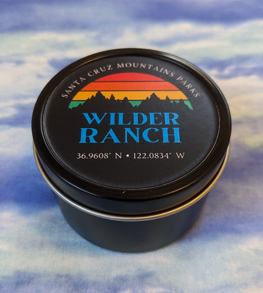 Wilder Ranch travel tin candle side view