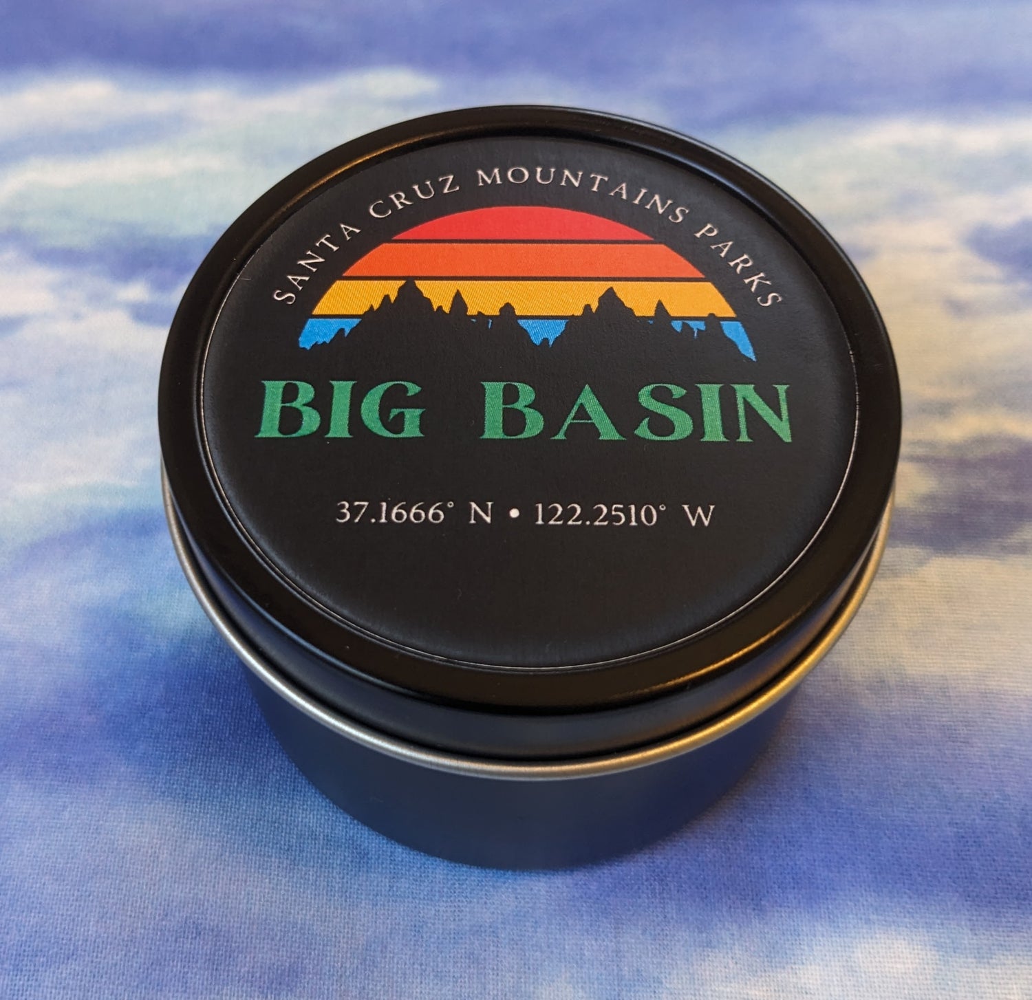 Big Basin candle in a travel tin side view