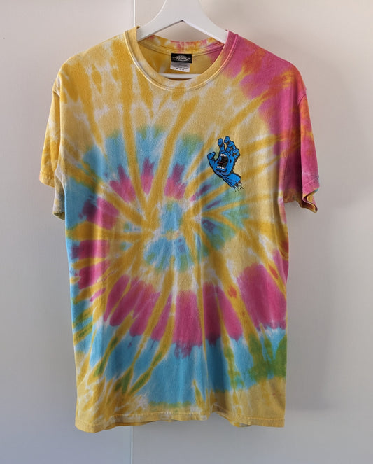 Rainbow tie dye shirt with Santa Cruz Screaming Hand in blue