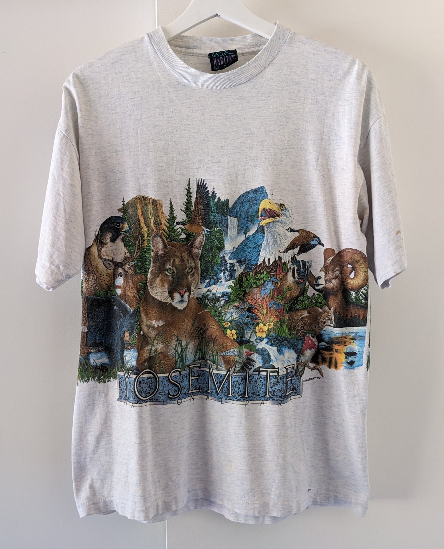 Heather gray Yosemite Habitat shirt with mountain lion, eagle, deer and more animals