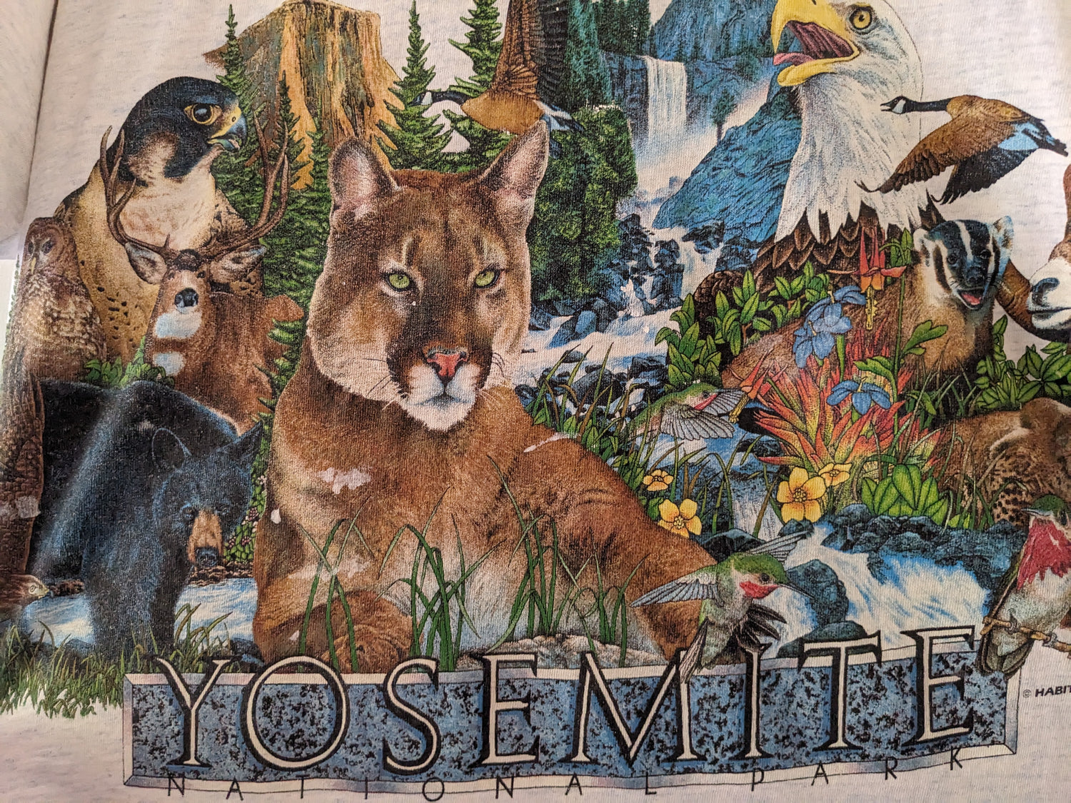 Heather gray Yosemite Habitat shirt with mountain lion, eagle, deer and more animals graphic close-up