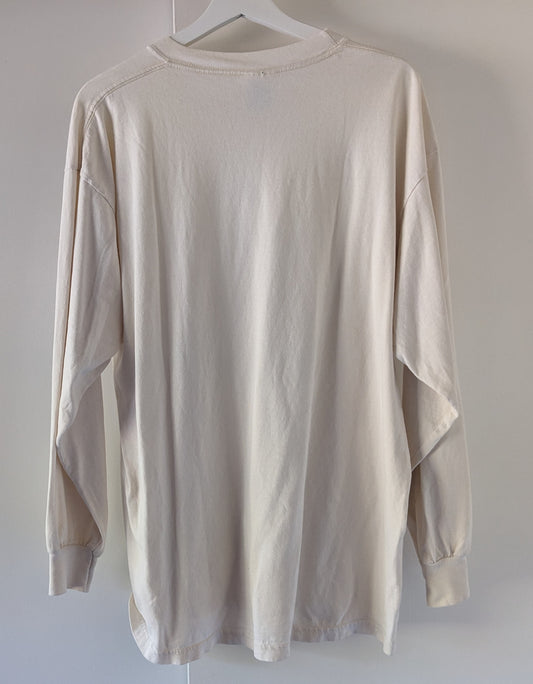 Off-white long sleeve shirt with Christmas tree with garden ornaments reading Hoe Hoe Hoe back