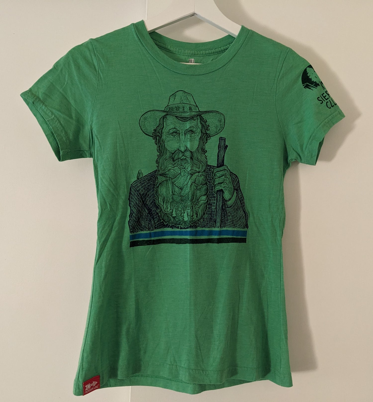 Green Sierra Club shirt with John Muir graphic