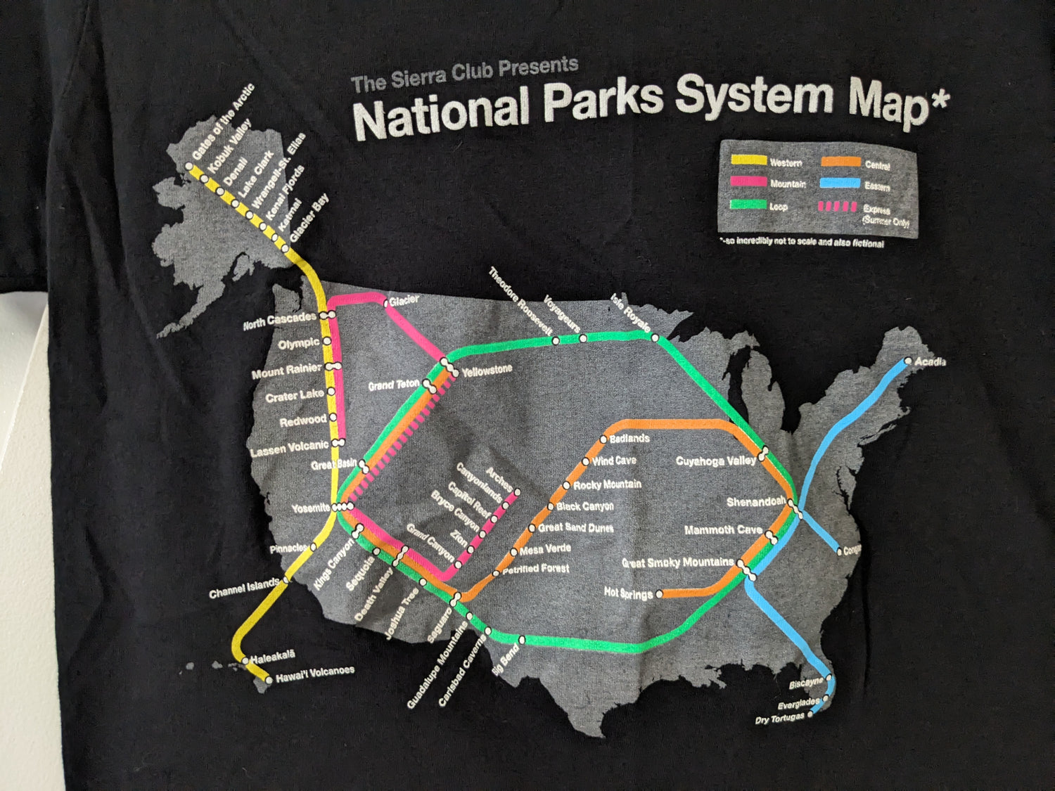 Sierra Club National Park System Map black shirt graphic up close