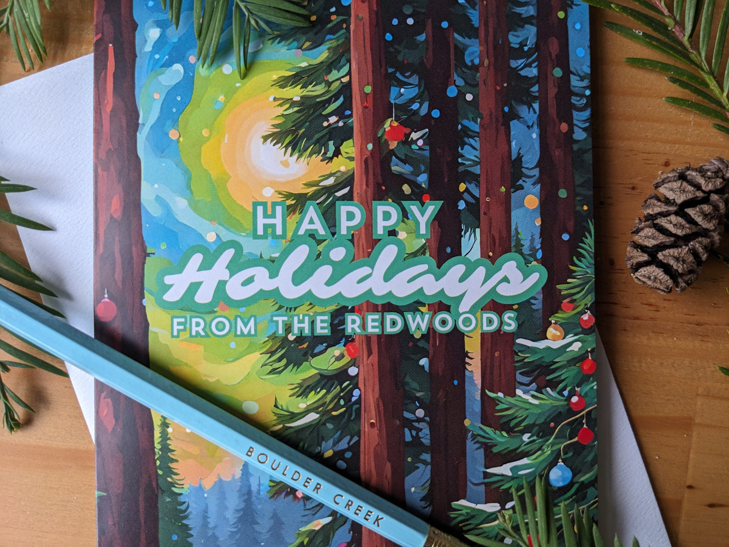 Happy Holidays from the Redwoods greeting card close-up