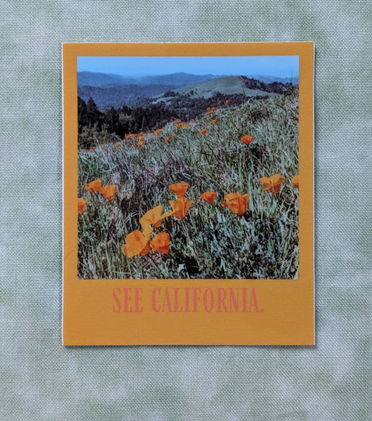 Orange bordered sticker of photo of poppy field in California with the words: See California.