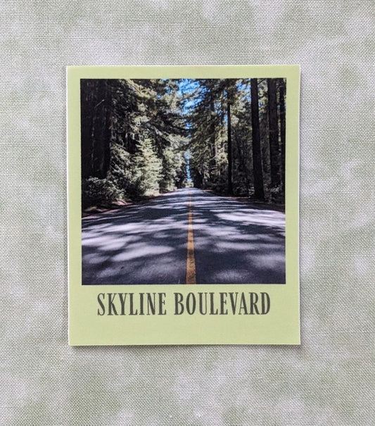 Lime green bordered sticker of photo of Skyline Boulevard