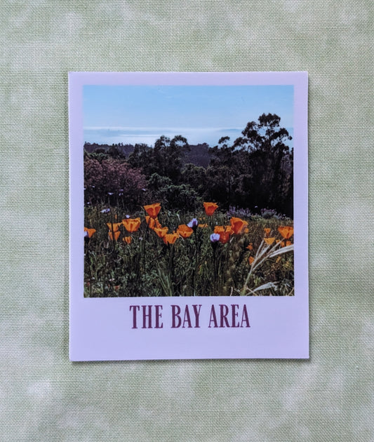 Purple bordered sticker with photo of the Bay Area