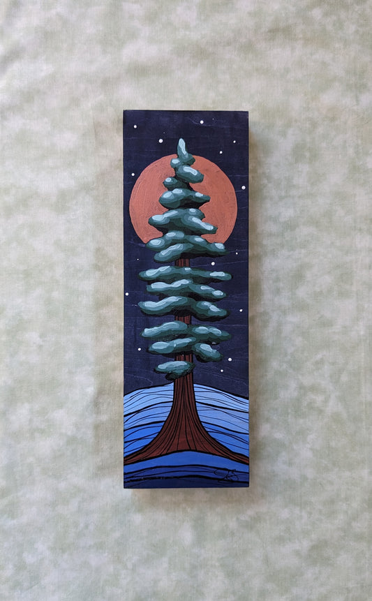 Lone Redwood painting on wood with night sky and full moon in the background