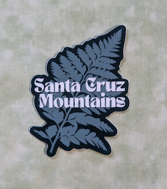 Green Fern shaped sticker with white Santa Cruz Mountains text