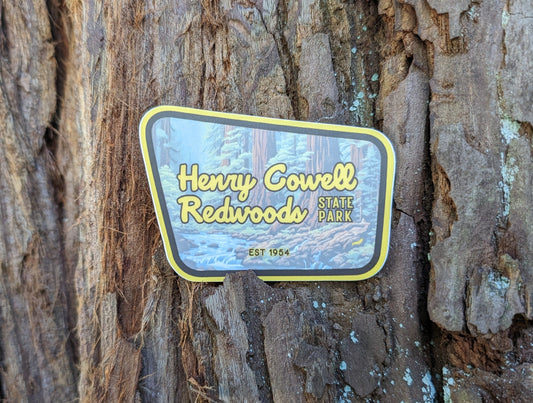 Henry Cowell Redwoods State Park sticker with redwood tree background