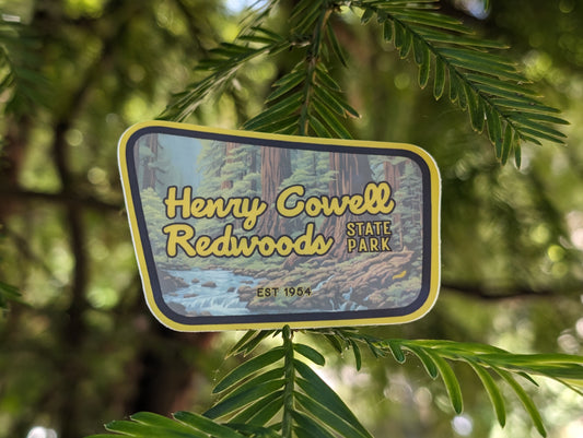 Henry Cowell Redwoods State Park sticker with redwood branch background