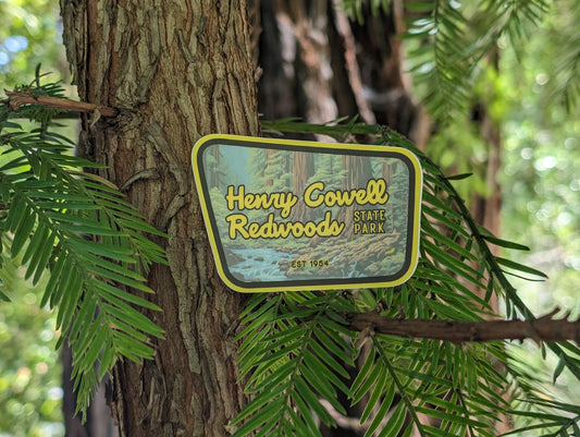 Henry Cowell Redwoods State Park sticker with redwood perch background