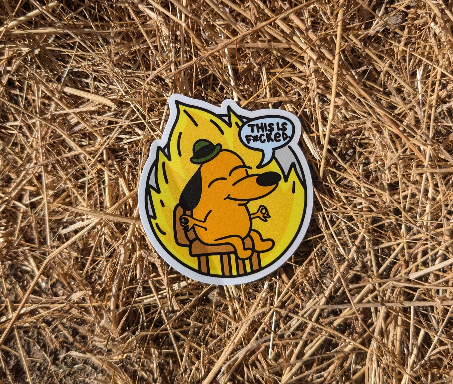 This is NOT Fine meme sticker with serenity slant, featuring the This is Fine meme dog in a zen pose, stating "This is f***ed" in a dry grassy field background