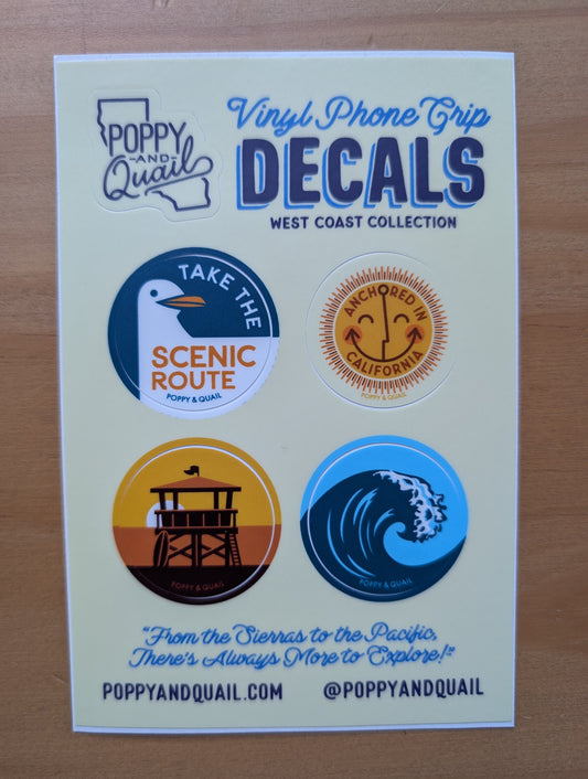 Vinyl phone grip sticker set, with four designs in the West Coast Collection by Poppy & Quail