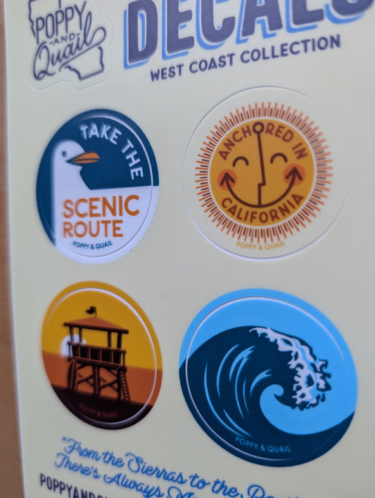 Close up of Vinyl phone grip sticker set, with four designs in the West Coast Collection by Poppy & Quail