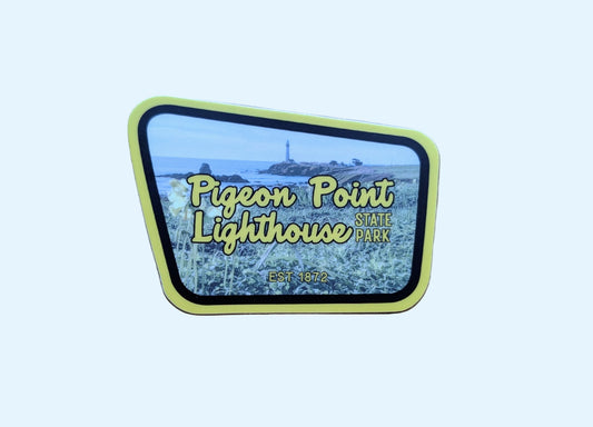 Yellow and brown-bordered sticker reads Pigeon Point Lighthouse State Park, with a  photo of the light station in Northern California, USA in the background