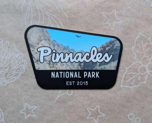 black bordered sticker represents Pinnacles National Park with paper background