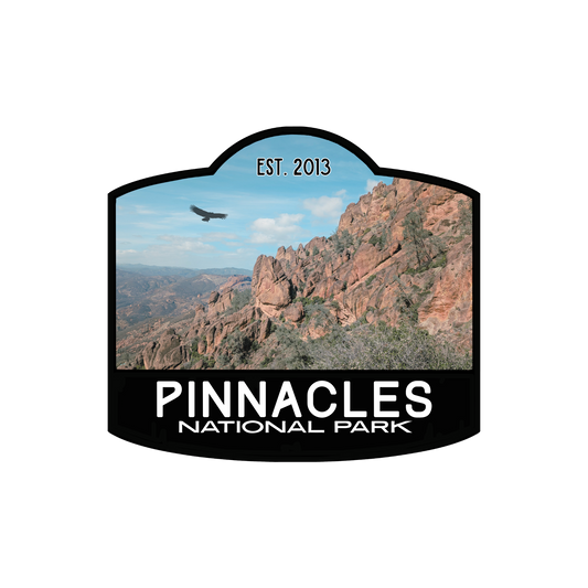 black bordered sticker represents Pinnacles National Park with paper background