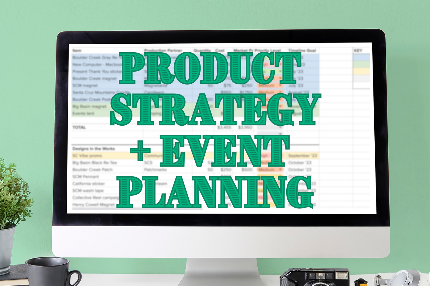 Product Strategy example on a faux computer iMac desk setup, with title also stating "Event planning"