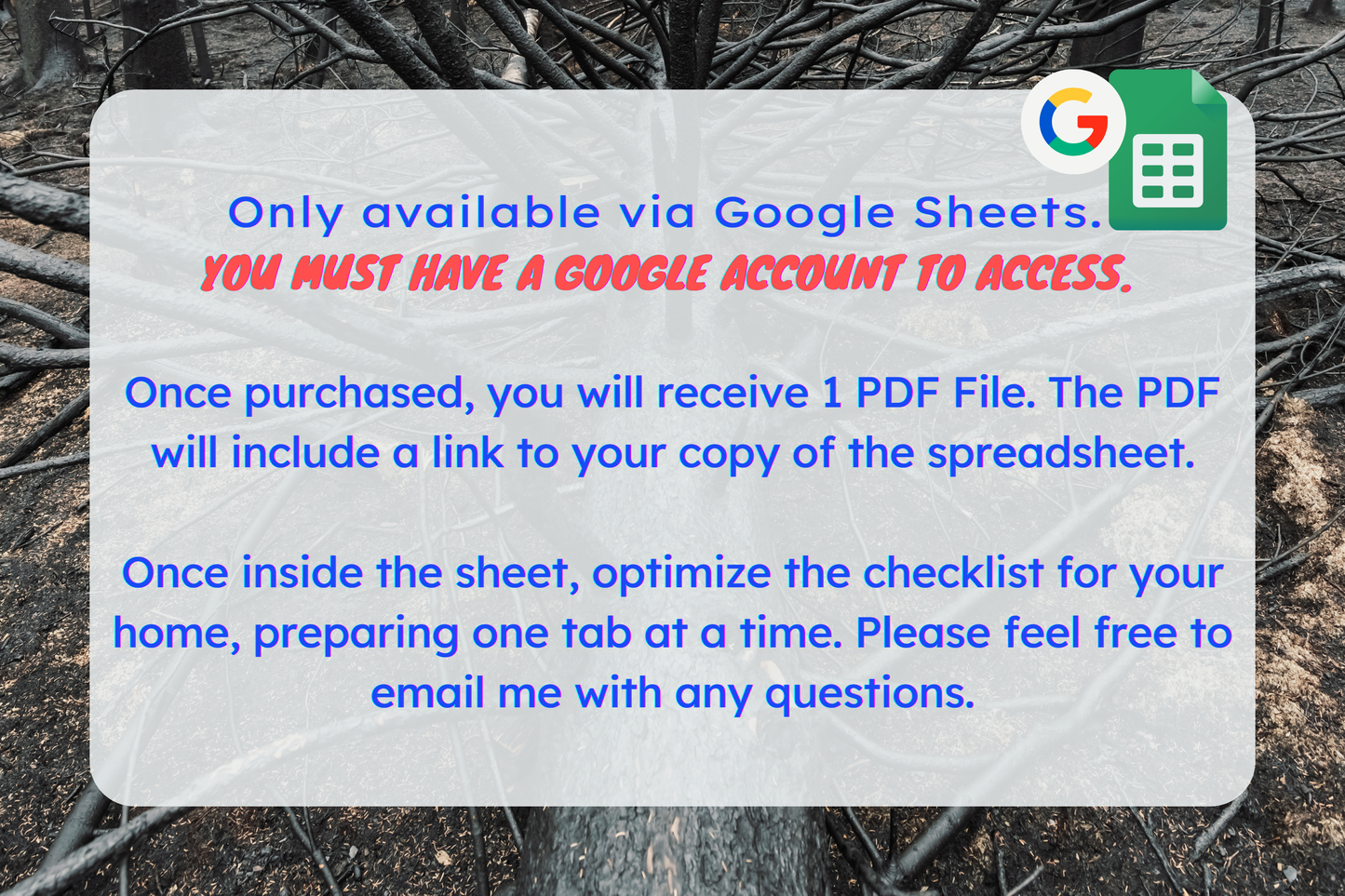 Note: access to the spreadsheet requires a Google account. You will receive 1 PDF file with your link to the spreadsheet. 