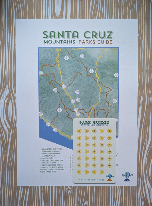 Santa Cruz Mountains Park Guide map checklist print with travel log sticker sheet