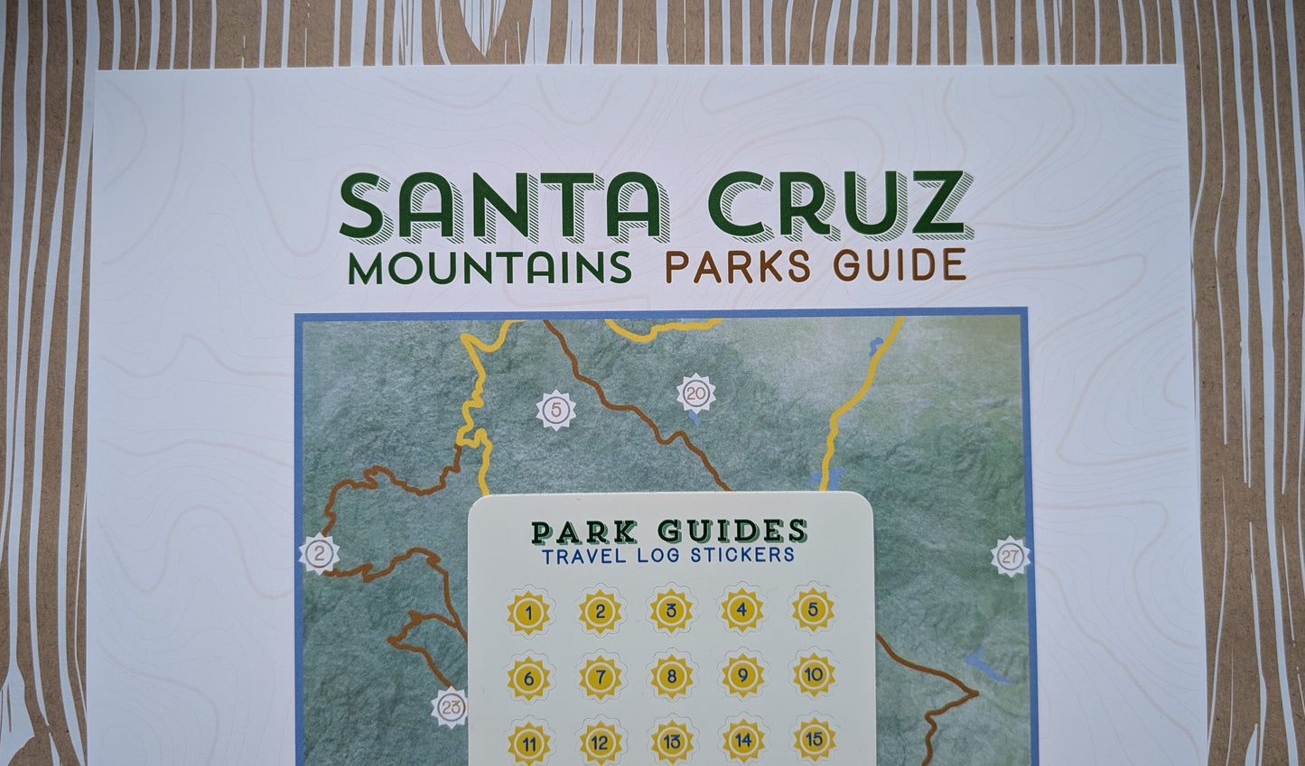 Santa Cruz Mountains Park Guide map checklist print with travel log sticker sheet close-up