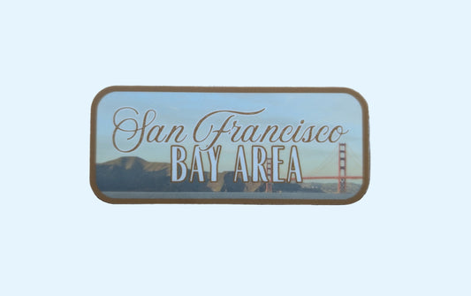 Brown bordered sticker represents the San Francisco Bay Area, featuring the Golden Gate Bridge in California with paper background