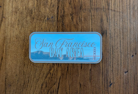 Brown bordered sticker represents the San Francisco Bay Area, featuring the Golden Gate Bridge in California with wood background